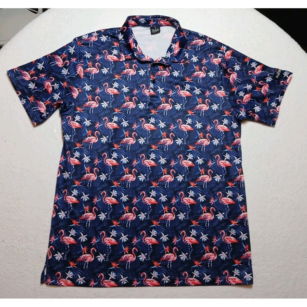 Golf Gods Men's XL Flamingo Tropical Button Up Shirt Blue Pink Australia